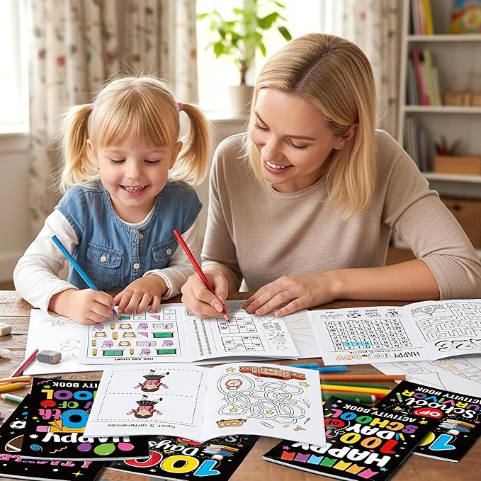 Black 100th Day of School Activity Books for Kids - 24Pcs Happy 100 Days Black Mini Games Coloring Book Set Bulk Mazes Word Search Word Scramble Games for School Classroom Reward DIY Gift Party Favors