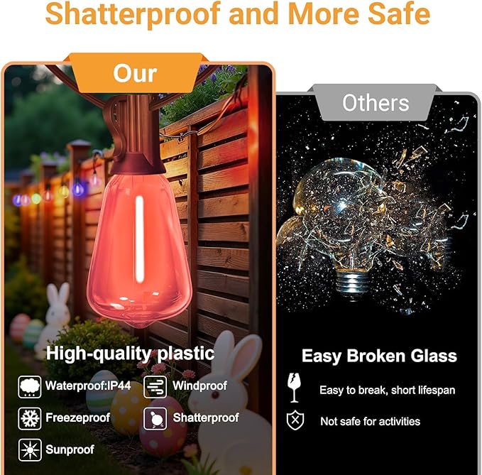 LAMPHOME 2-Pack 26FT ST38 Outdoor String Lights, Multicolor Shatterproof Edison LED Patio Lights, Connectable Waterproof Hanging Lights for Easter, Outside Bistro, Patio & Party Decorations