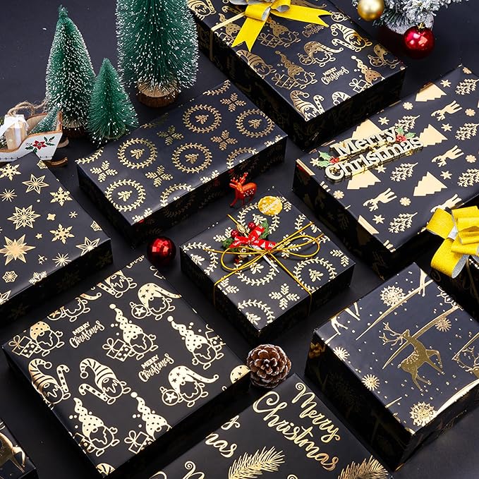 Larcenciel Metallic Christmas Wrapping Paper Set, Black and Gold Holiday Gift Wrapping Paper w/Gift Bow Sticker, Gnome Snowflake Deer Glitter Foil Xmas Gift Wrap for Winter Nightmare, 6 Sheets 28x20in