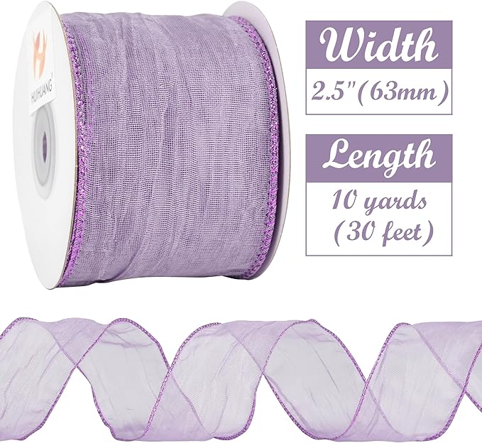 HUIHUANG Purple Crinkle Wired Ribbon 2.5 inch Metallic Crinkle Lavender Wreath Ribbon for Gift Wrapping Basket Bows Making DIY Crafts Home Decor - Continuous 10 Yards