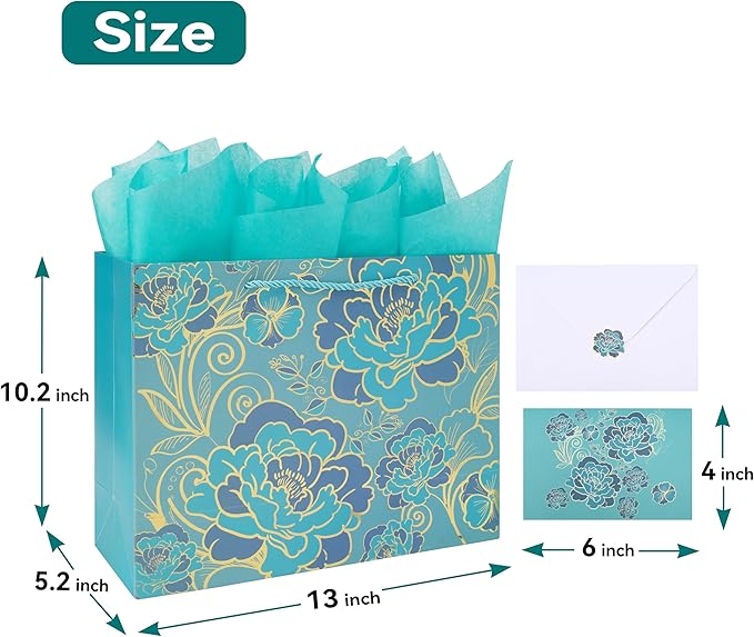 13" Large Rose Green Gift Bag Set with Greeting Card and Tissue Paper(Foil Traced Flowers) for Celebrating Birthdays, Mother's Day, Valentine's Day, Weddings, Anniversaries- 13”x5.2”x10.2”,1 Pcs.