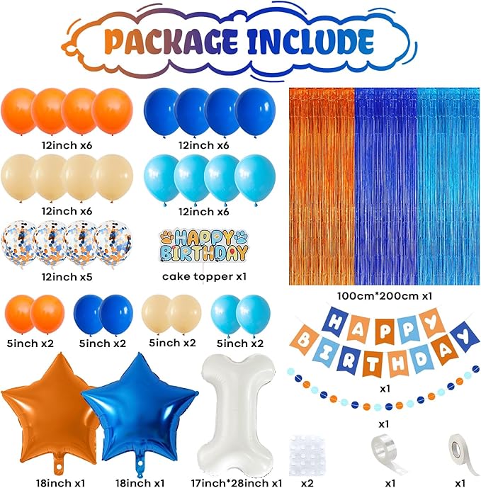 Orange and Blue Birthday Decorations for Boys, Orange Light Blue Nude Confetti Latex Balloons Dog Paw Cake Topper Bone Star Foil Balloon Happy Birthday Banner for Girl Boy Cartoon Theme Party Supplies