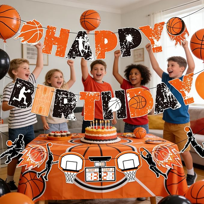 SUNBEAUTY Basketball Happy Birthday Banner Basket Ball Themed Party Decorations Sports Birthday Banner Basketball Party Supplies Slam Dunk Garland Birthday Sign for Kids Teenagers Boys Men