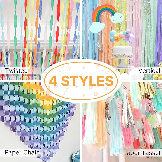 PartyWoo Crepe Paper Streamers 6 Rolls 492ft, Pack of Peach, Purple, Light Pink and Pastel Blue Party Streamers for Mermaid Birthday Decorations, Mermaid Party Decorations (1.8 Inch x 82 Ft/Roll)