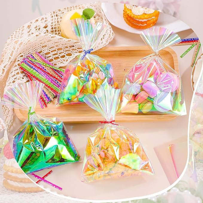 woric 150PCS Iridescent Cellophane Treat Bags with Ties 5x7 Inch Plastic Clear Party Favor Bags Gift Bag for Candies Cookies Baby Showers Weddings Birthday Party Gifts