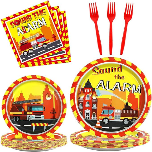 100 Pcs Firetruck Birthday Party Decorations Fireman Plates and Napkins for Firefighter Party Supplies Fire Truck Birthday Theme Disposable Dinnerware Set for Kids Fireman Party Favors Serve 25