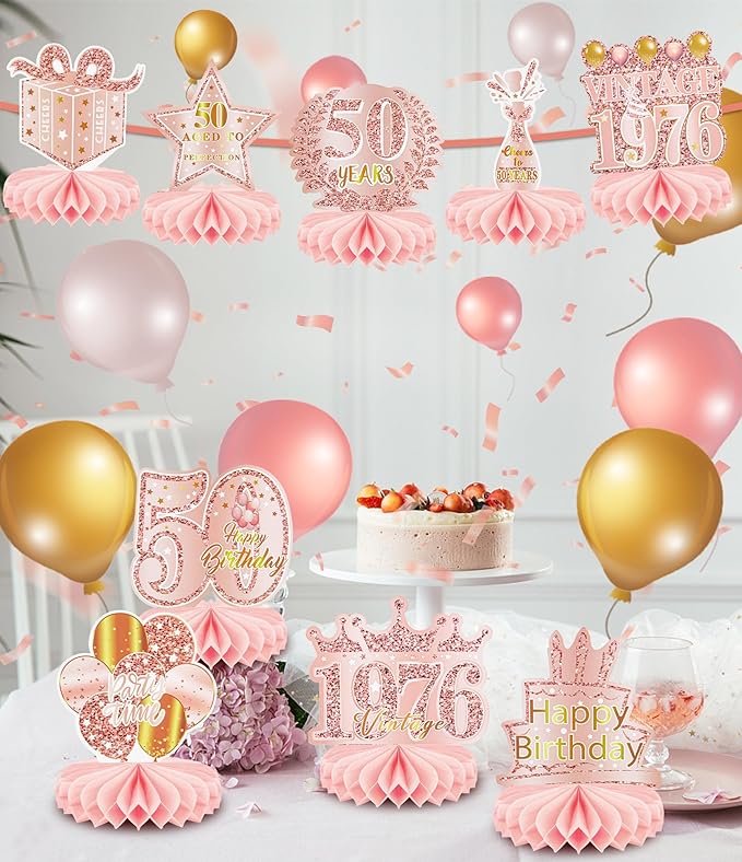 9 Pcs 50th Birthday Decoration for Women Happy 50th Birthday Table Honeycomb Decorations Rose Gold Pink Centerpieces Tables Toppers 1976 Decor Cheers to 50 Years Old Birthday Party Favors