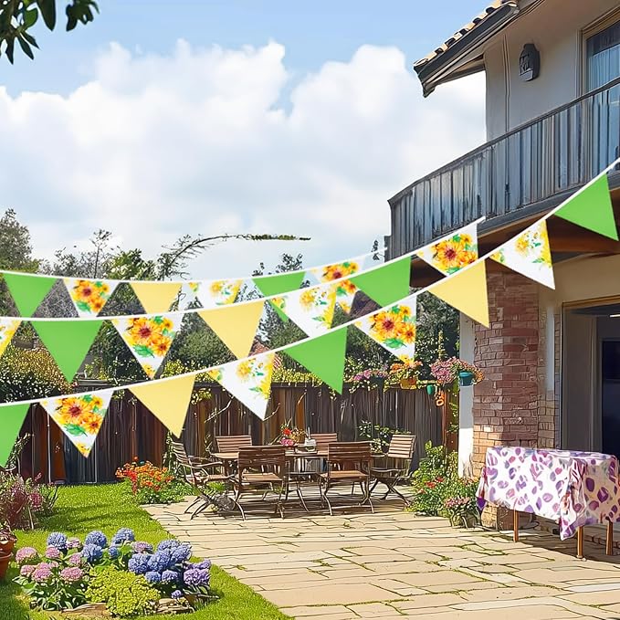 G2PLUS 39Ft Triangle Bunting Banner, Yellow & Green Sunflower Garland Pennant Banner, Reusable Cotton Triangle Flags Party Decoration for Garden Party, Fall Decor & Outdoor Celebrations