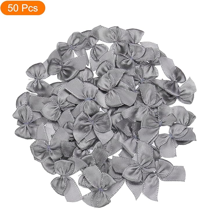 MECCANIXITY 50Pcs Mini Ribbon Bow 1" Mini Fabric Satin Ribbon Flower Bows for Craft DIY Sewing Wedding Birthday Party Grey