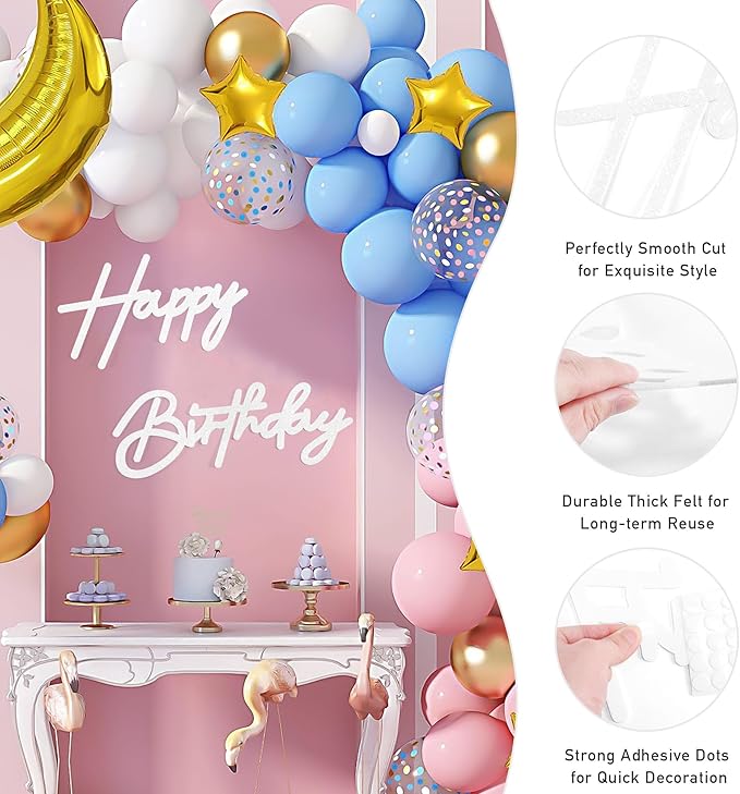 CANREVEL Happy Birthday Sign for Backdrop, Glitter Felt White Happy Birthday Banner, White Birthday Party Decorations for Girl Boy Women Men, Wall Decor Balloon Arch Photo Prop
