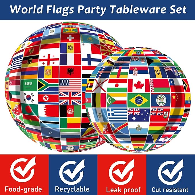 OBUSATT 96 Pcs International World Flags Party Supplies Country Flag Paper Plates Travel Trip Around the Globe and Napkins Forks party decorations for Birthday Baby Shower Serves 24 MG0165