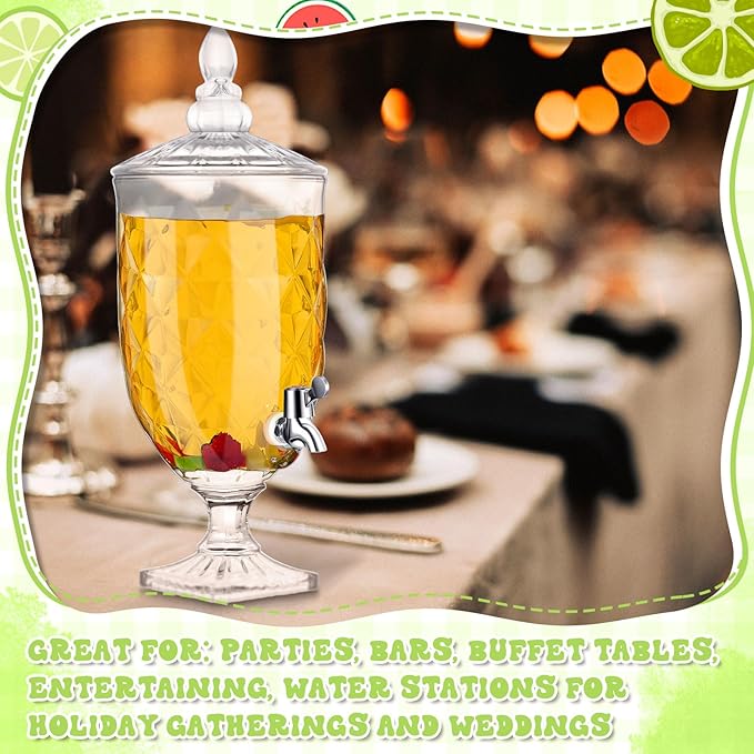 Bokon 2 Pieces Drink Dispensers for Parties Crystal Iced Beverage Dispenser with Stand and Spigot, Glass Liquid Containers Wide Mouth Beverage Server for Juice Tea Wedding(Delicate)