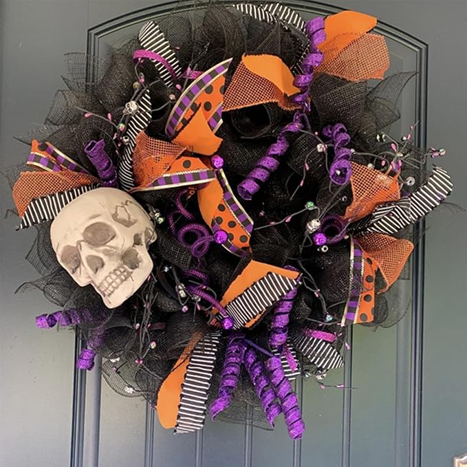 5 Rolls Halloween Mesh Ribbon for Wreath, 10 Inch x 30FT Per Roll Metallic Foil Deco Mesh Rolls Orange Purple Black Stripe Decorative Mesh for Fall Thanksgiving Halloween Home Party Decor