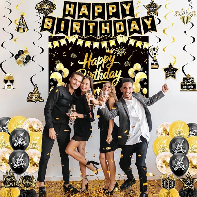 Black Gold Birthday Decorations for Men Women, Pre-Strung Happy Birthday Banner with Backdrop, Balloons,Honeycomb Centerpieces & Streamers Kit