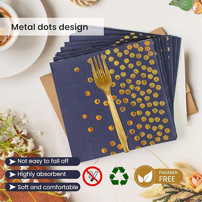 75PCS Blue and Gold Paper Plates and Napkins Party Supplies Blue Gold Dessert Plates Graduation Napkins Disposable Paper Tableware Set for Birthday Graduation Retirement Decorations Serves 25