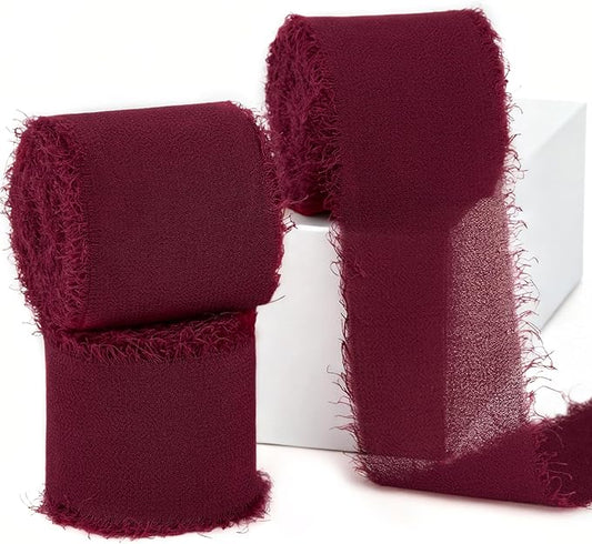 Burgundy Chiffon Ribbon 1.5" x 21 Yd Handmade Fringe Silk Chiffon Fabric Ribbon for Gift Wrapping Wedding Invitation Bridal Flower Bouquet DIY Crafts Home Decor