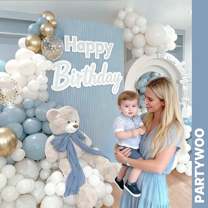 PartyWoo Dusty Blue Balloons 66pcs 12 Inch Light Baby Slate Blue Off White Sand Metallic Gold Boho Confetti Balloons for Graduation Boy Baby Shower Gender Reveal Birthday Wedding Party Decorations