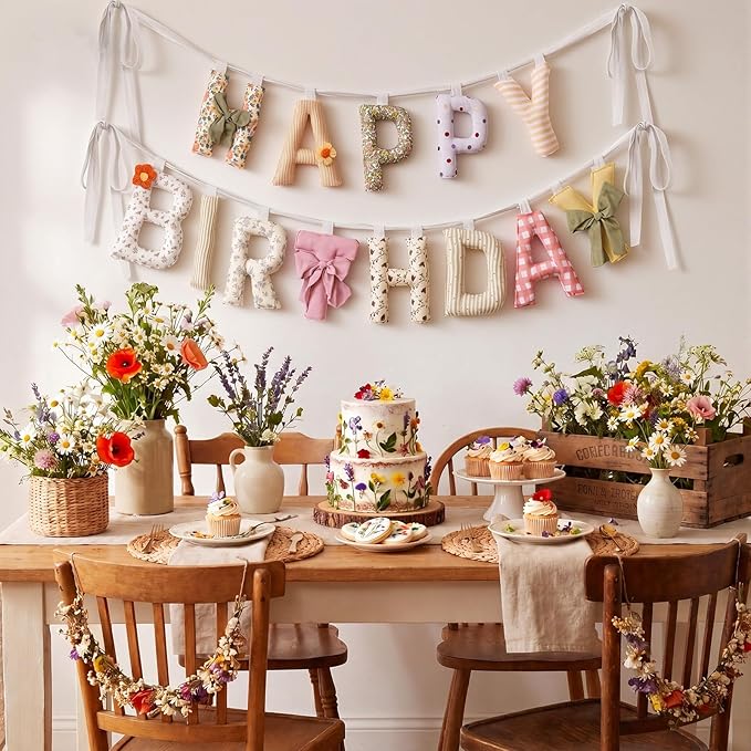 Suncalla Pre-strung Happy Birthday Banner Sign Reusable Felt Happy Birthday Garland Hanging Decorations Party Bunting Garland for Party Decor Photo Pro Home Backdrop (Flower,Flower Colors)
