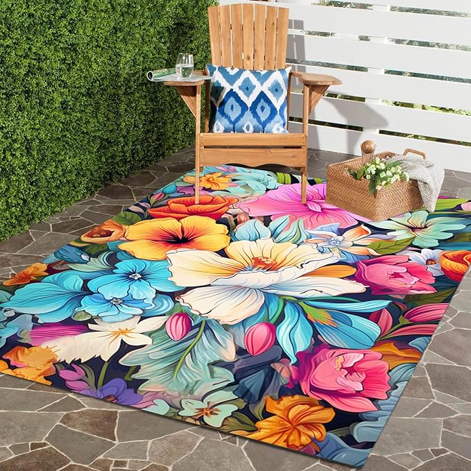 Large Floral Outdoor Rug for Patio Balcony Deck Camping Poolside Garden Machine Washable Waterproof Porch Backyard Outside Carpet 4x6 Orange Blue Pink Flower Mat Easy Clean