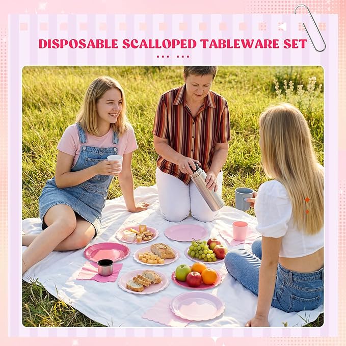 120 Pcs Paper Plates and Napkins Party Supplies Bulk Disposable 7 Inch Scalloped Plates Cocktail Napkins for Wedding Bridal Baby Shower Birthday Decorations, Serve 60(Pink Series)