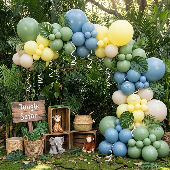 RUBFAC Sage Green Dusty Blue Yellow Balloons, Party Balloon Pastel Yellow for Theme Baby Shower Decorations Birthday Wedding Party Supplies, 65pcs 12 Inches