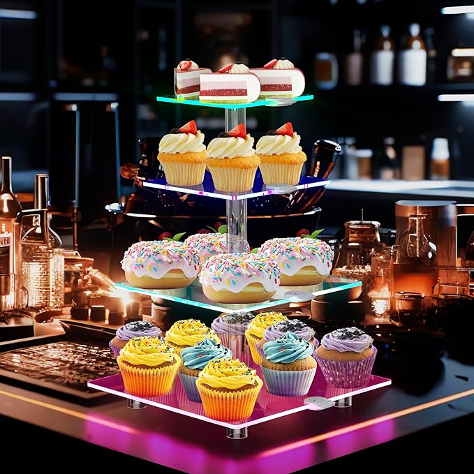 weddingwish 4 Tier LED Cupcake Stand, Clear Acrylic Cupcake Tower with Rechargeable Light, Cupcake Holder for 50 Cupcakes, Cupcake Dessert Display Stand for Parties,Weddings,Birthdays,Baby Shower