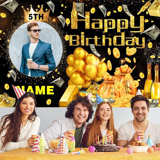 Custom Dollar Money Black and Gold Happy Birthday Party Decorations Supplies Personalized Dollar Money Black and Gold Birthday Backdrop Banner(6x9ft)