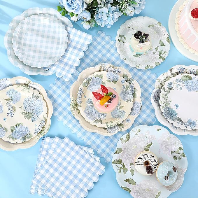 144 Pcs 48 Guests Hydrangea Party Plates and Napkins Blue White Hydrangea Paper Plates Napkins Flower Floral Checkered Disposable Tableware for Vintage Baby Shower Wedding Tea Party Supplies