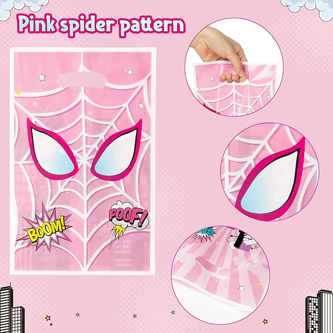 Pink Spider Party Favor Bags - 50PCS Pink Spider Party Gift Bags for Kids Plastic Goodies Bags with Handle for Theme Party Supplies Baby Show Birthday Parties Treat Candy Snack Bags