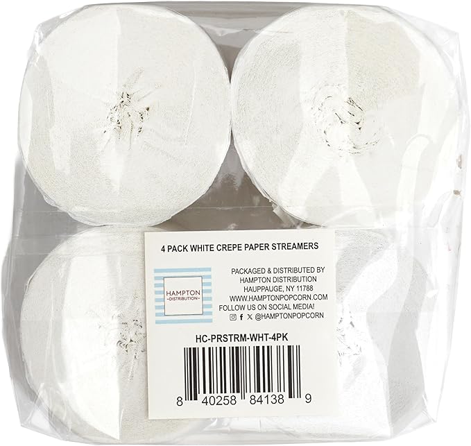 White Streamers 4 Rolls, 328 Ft White Crepe Paper, Streamer Party Decorations for Birthday, Wedding, Showers (1.8 in x 82 ft/Roll)