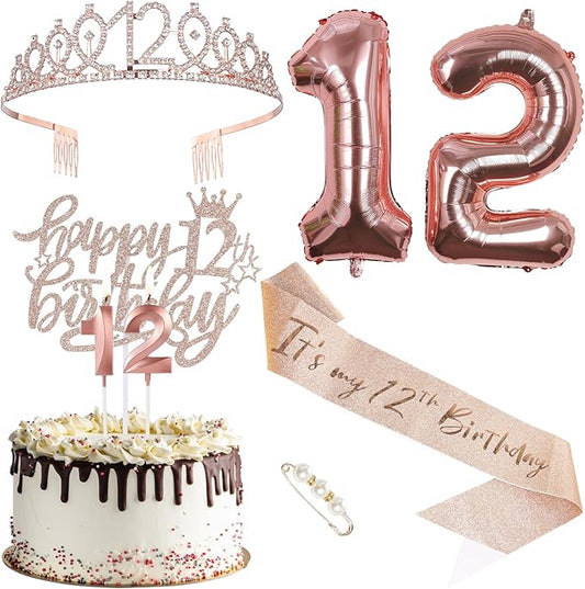 12th Birthday Decorations for Girls, Including Sash, Crown Tiara, Candles, Cake Toppers, 12rd Birthday Gifts for Girls