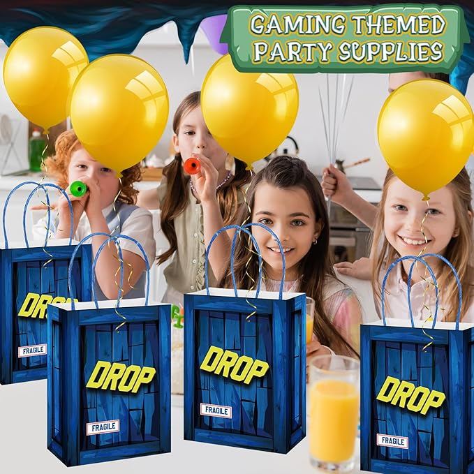 24 Set Game Party Military Supply Loot Drop Box Party Favors Yellow Balloon Ribbon Battle Gifts Bags for Gamers Boys Birthday Graduation Decoration