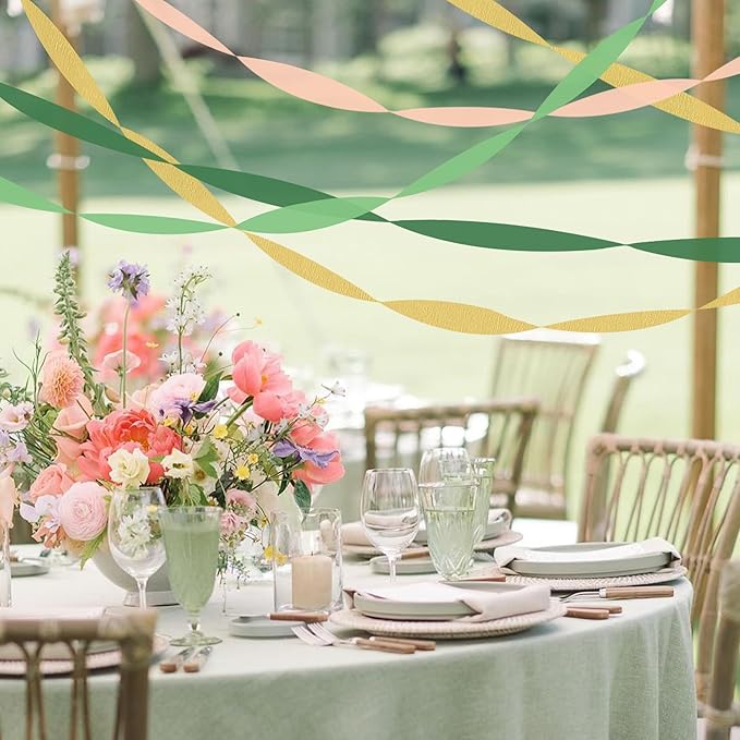 8 Rolls Crepe Paper Streamers, Green, Gold and Peach Pink Streamers Party Decorations for Wedding Bridal Shower Baby Shower Birthday Christmas Party