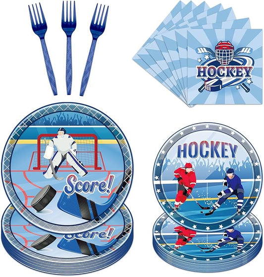 Rakuto Hockey Birthday Decorations Supplies, 96PCS Disposable Hockey Paper Plates and Napkins Forks, Sports Party Baby Shower Decor Tableware Set Dinnerware (24 Guests)