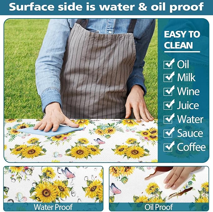 Sunflower Picnic Table Cover with Bench Covers, Summer Farmhouse Outdoor Table Covers with Elastic Camping Tablecloth for Party Essentials, Vintage Floral Rectangular Picnic Tablecloth Cover
