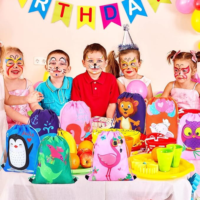 GliCraft 16 Pcs Animal Drawstring Gift Bags for Kids Cartoon Animal String Backpack Party Favor Bags for Halloween Birthday Holiday Baby Shower Supplies