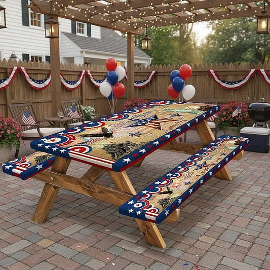 JAWO Patriotic 4th of July Picnic Table Cover with Bench Covers, Waterproof American Flag Eagle Tablecloth with Elastic Edge, Lightweight Camping Essentials for Rectangle Tables with Carrying Bag,60in