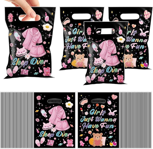 MOIZYNG 50Pcs Sleepover Party Favor Bags with Handles, Cute Pajama Sleep Over Plastic Candy Treat Goodie Gift Bags for Girls Just Wanna Have Fun Slumber Party Supplies