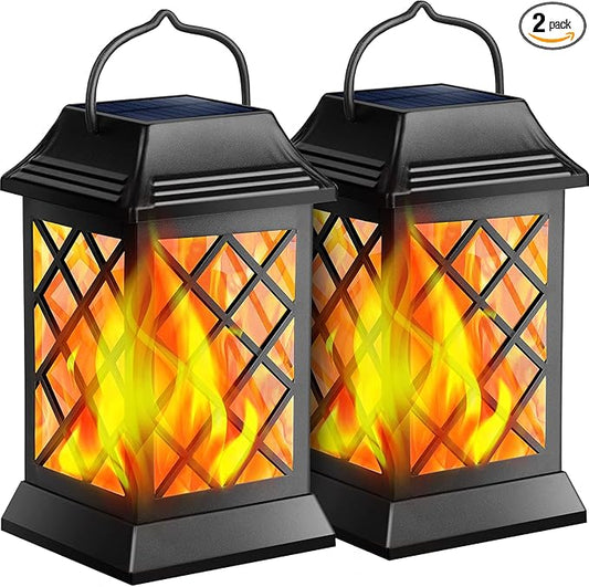 TomCare Solar Lights Outdoor Flickering Flame Metal Solar Lantern Outdoor Hanging Decorative Lanterns Heavy Duty Waterproof Umbrella Decorations Lighting for Patio Garden Deck Yard, 2 Pack (Black)