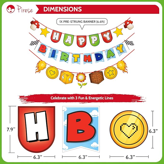 Pirese Retro Game Birthday Decorations, Video Game Birthday Banner Party Kit with Balloons, Pre-Strung Gamer Birthday Party Supplies for Kids, Fun Land Arcade Theme Decor