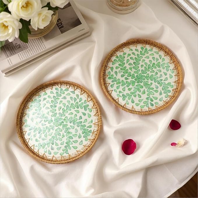 Round Rattan Tray with Mother of Pearl Inlay, Handwoven Wicker Coffee Table Serving Basket Tray for Fruit Snack Party Picnic Cafe Bedroom Kitchen Home Decor Set of 2 (Green Willow)