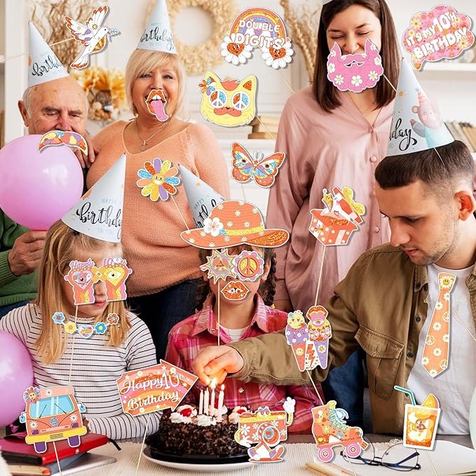 25Pcs Hippie Two Groovy Photo Booth Props, Boho Daisy School Bus Rainbow Peace Party Decorations Favor for Happy 10th Birthday Theme Party Supplies Essentials with Sticks and Glues