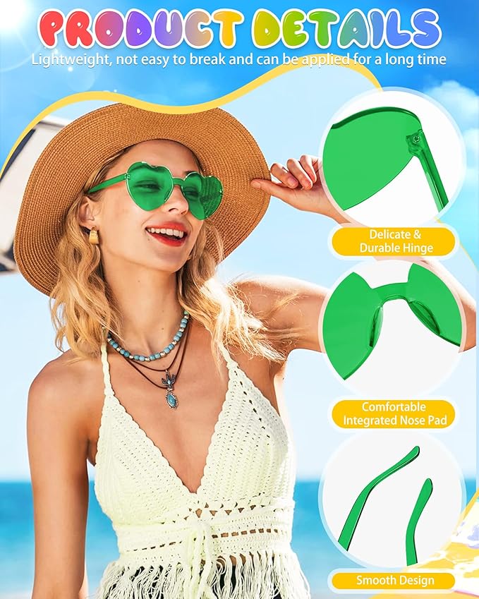 12 Pairs Heart Shaped Sunglasses Candy Color Rimless Fun Heart Glasses for Women Party Favors