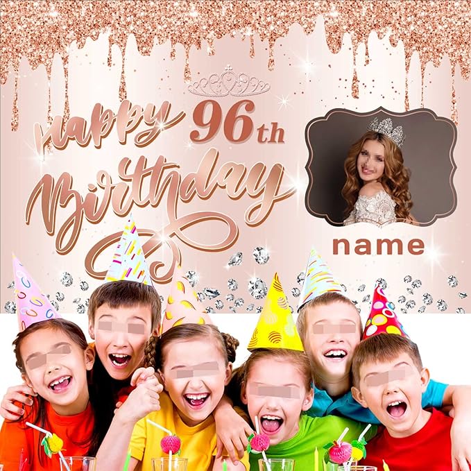 Customizable Rose Gold Happy 96th Birthday Decoration Banner - Personalized with Name and Photo