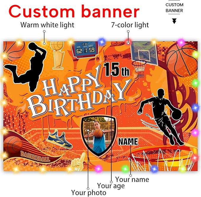 Custom Basketball Birthday Decorations,Personalization Basketball Party Decorations Banner for Birthday Party,Sports Theme Happy Birthday Banner Background