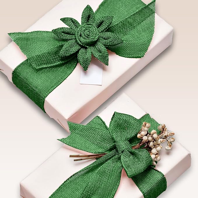 Dark Green Burap Ribbon 1/2 inch X 10 Yard Natural Dark Green Woven Ribbon DlY Handmade Solid WiredEdging Production Wreath Holiday Decoration Gift Ribbons for Gift Wrapping Green Ribbons