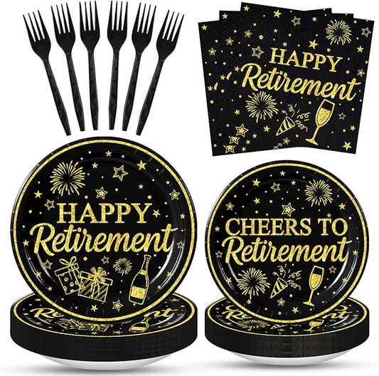 100 Pcs Happy Retirement Tableware Party Supplies Set, Serves 25 – Disposable Black and Gold Paper Plates, Napkins, and Forks, Cheers to Retirement Dinnerware Party Decorations