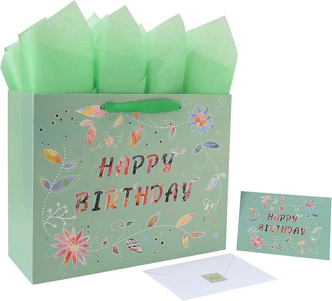 Qirrmiy 13” Large Happy Birthday Gift Bag Set with Handles, Greeting Card, Tissue Papers and Stickers for Women Girls, Green Floral Design, 1 Pcs