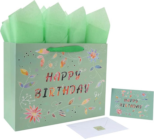 Qirrmiy 13” Large Happy Birthday Gift Bag Set with Handles, Greeting Card, Tissue Papers and Stickers for Women Girls, Green Floral Design, 1 Pcs