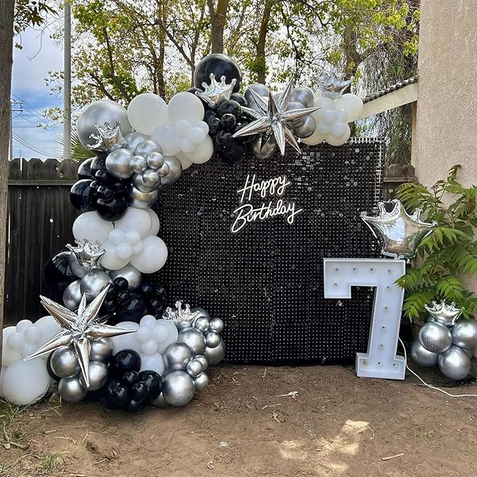 Black and Silver White Balloon Arch Kit, 140Pcs Explosion Star Black and Silver White Balloon 22 18 12 10 5 Inch Different Size Balloons for Birthday Anniversary New Years Party Decorations